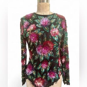 Vintage Laurence Kazar vintage sequin covered floral top scalloped hem art deco